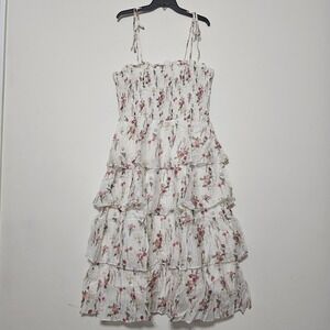 Lucy Paris Women's Dress Plus Size 3X New Pink On White Florals Smocked Tiered